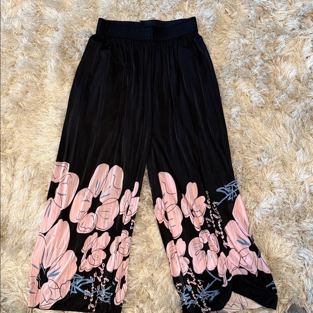 Floral Black and Pink Wide-Leg Pants - Picture 1 of 3